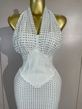 Elegant Evening Party Prom Gown Birthday Dress Women Shining Rhinestones Sexy White/Pink Mesh Halter Bodycon Long Bandage Dress