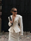 Women 2026 Spring Summer Blazer Two Piece Deep V Neck Peplum Waist Button Top Mermaid Long Skirt Commute Matching Set
