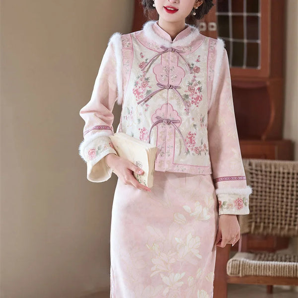 Suede Velvet Chesongam Pink Princess Chinese Style Dress Women Long Qipao Sleeveless Vest Top Spring Festival Hanfu Costume