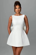 Chic Pearl Bow Short Dress for Women Backless Casual Mini Dresses White Black Pink Wedding Guest Summer Bridesmaid Robe Birthday