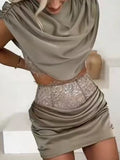 Solid Matching Outfits for Women Mock Neck Sleeveless Hem Top High Waist Ruched Skirt for Holiday French Date New