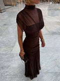 Solid Slimming Spliced Folds Dress for Women O Neck Sleeveless Elegant Temperament Dresses Female Summer Fashion
