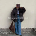 Ins Brand Fashion 2026 Winter Chocolate Brown Oversized Faux Fur Coat Women Fluffy Tassles Jacket Thick Chunky Overcoat