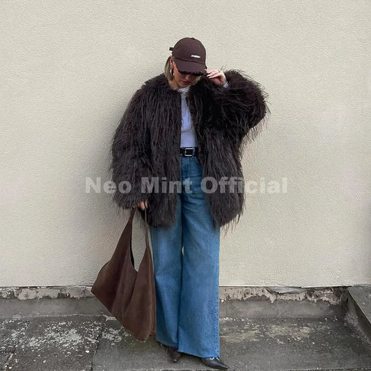 Ins Brand Fashion 2026 Winter Chocolate Brown Oversized Faux Fur Coat Women Fluffy Tassles Jacket Thick Chunky Overcoat