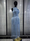Pink Skyblue Women Sexy O-Neck Bodycon Bandage Long Tassels Gowns Dress Elegant Evening Party Birthday Homecoming Outfit