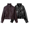 Fashion Women's Drawstring Short Leather Jacket Stand Collar Long Sleeve Ruffle Zipper Female Coat 2026 Autumn Lady Chic Jackets
