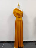 Solid Spliced Folds Dresses for Women Slash Neck Shoulder Cuff High Waist Temperament Dress Female Fashion