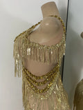 Sparkly Diamonds Sequins Fringes Luxury Jumpsuit Gold Sleeveless Mesh Performance Dance Costume Nightclub Singer Stage Rompers
