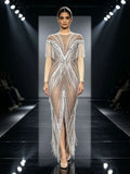 2026 New Crystal Tassel See Through Mesh Stretch Long Dress Sexy Banquet Dance Party Irregular Dress