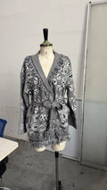 Women's Shawl Collar Fringe Knitted Cardigan Self Fabric Belt Waist Ethnic Print Loose Long Sleeve Mid Length Coat Autumn Casual