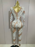 Women Celebrate Nightclub Party Dancer Performance Wear Sexy Stage Costume Crystal High Stretch Bodycon Long Sleeve Jumpsuit