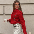 Women Double-Breasted Stand Collar Cropped Jacket Long-Sleeved Solid Zipper Metal Button Fashion Street Coat Autumn Winter