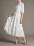 Wedding Guest Green Lace High Neck Midi Dress for Half Sleeve Women Cutout Texture Tiered Hem Flowy Skirt for Afternoon Tea