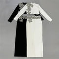 Women Long Sleeve Diamond Flowers 2 Pieces Bodycon Mini Bandage Dress Celebrate Nightclub Party Outfit Vestido