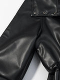 Black Slimming Leather Jacket for Women Lapel Long Sleeve Patchwork Double Breasted Fashionable Coat Female Autumn