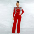 Women's Sheer Diamonds Tassel Jumpsuit See-through High Collar Hot Diamond Shoulder Padded Long Sleeved Party Jumpsuit