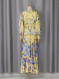 Yellow Floral Print Puff Sleeve Maxi Dress for Women Deep V Neck High Waist Asymmetrical Ruffle Hem Skirt for Garden Parties