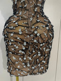 Women Sparkly Rhinestones Sexy Strapless Mesh See Through Mini Dress Birthday Party Evening Cocktail Dress Nightclub Stage Wear