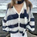 Fashion Striped Sweater Cardigan With Scarf Female Loose Thin Hollow Knitted Top Lantern Sleeve Contrast Color Retro Top