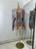 Sexy Mesh See Through Rhinestones Two Pieces Dress Coat Sets Women Sparkly Tassels Performance Singer Dancer Stage Costume