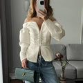 White Off-Shoulder Cardigan Women's Fashion Lace-Up Backless Sexy Shirt Top Elegant Luxury Party Chic Slim Female Top
