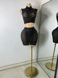 Sexy Sleeveless Crop Top Skirt Women's Sets Sparkly Luxury Diamonds See Through Mesh Stage Outfit Performance Singer Costume