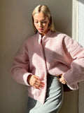 Pink Short Fur Jacket Coat For Women Autumn Winter Casual Stand Collar Pocket Loose Fashion Long Sleeve Jacket Top Female