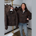 Women Leopard Print Puffer Jacket Stand Collar Zip‑Up Drawstring Hem Loose Short Warm Winter Padded Side Pockets Coat Outerwear