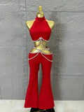 Luxurious Red Two Piece Set Women Sexy Halter Neck Crystal Cutout Crop Top Flare Pants Outfit Stage Performance Costume