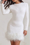 Solid Spliced Sequines Slimming Dresses for Women O Neck Long Sleeve Temperament Dress Female Fashion New
