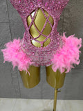 Glamorous Pink Sparkly Rhinestone Feather Trim Bodysuit Performance Costume Singer Stage Outfit Birthday Party Nightclub Wear