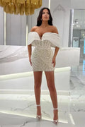 Luxury Beaded Glam Off-the-shoulder One-word Collar Short Dress Socialite Birthday Party Performance Wear Cocktail Formal Gown
