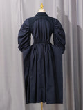 Retro Modern Tunic Design Coat for Women Lapel Puff Sleeve Splied Double Breasted Navyblue Midi Length Jackets Female Autumn