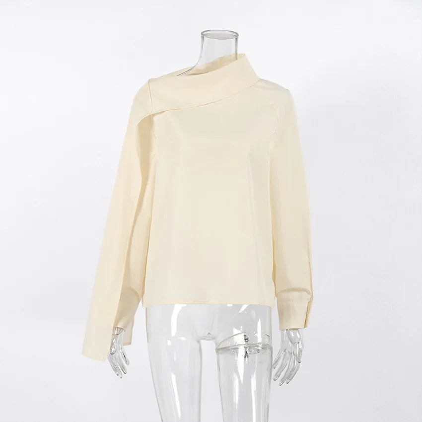 French Elegant Solid Blouse for Women Irregular Neck Patchwork Ribbon Long Sleeve Minimalist Shirt Female Spring