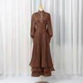 Luxury Afternoon Tea High Neck Pleated Maxi Dress for Women Puff Sleeve Ruched Waist Tiered Flared Skirt for Wedding Guest