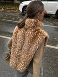 High Neck Animal Deer Print Faux Fur Vest Female Sleeveless Asymmetrical Hem Cape Coat Casual Fashion Women's Outfits 2026 New