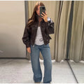 Fashion Women's Drawstring Short Leather Jacket Stand Collar Long Sleeve Ruffle Zipper Female Coat 2026 Autumn Lady Chic Jackets
