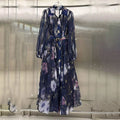 Floral Print Shirt Maxi Dress for Women Point Collar Long Lantern Sleeve Button Front Detachable Buckle Belt Sheer Chiffon