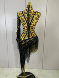 Women One Shoulder Latin Dance Outfits Sexy Leopard Print Sparkly Diamond Tassel See-Through Dress Nightclub Party Stage Costume