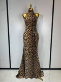 Women Sexy Sleeveless Halter Backless Leopard Sequin Mermaid Maxi Long Dress Bodycon Evening Party Celebrity Elegant Dress
