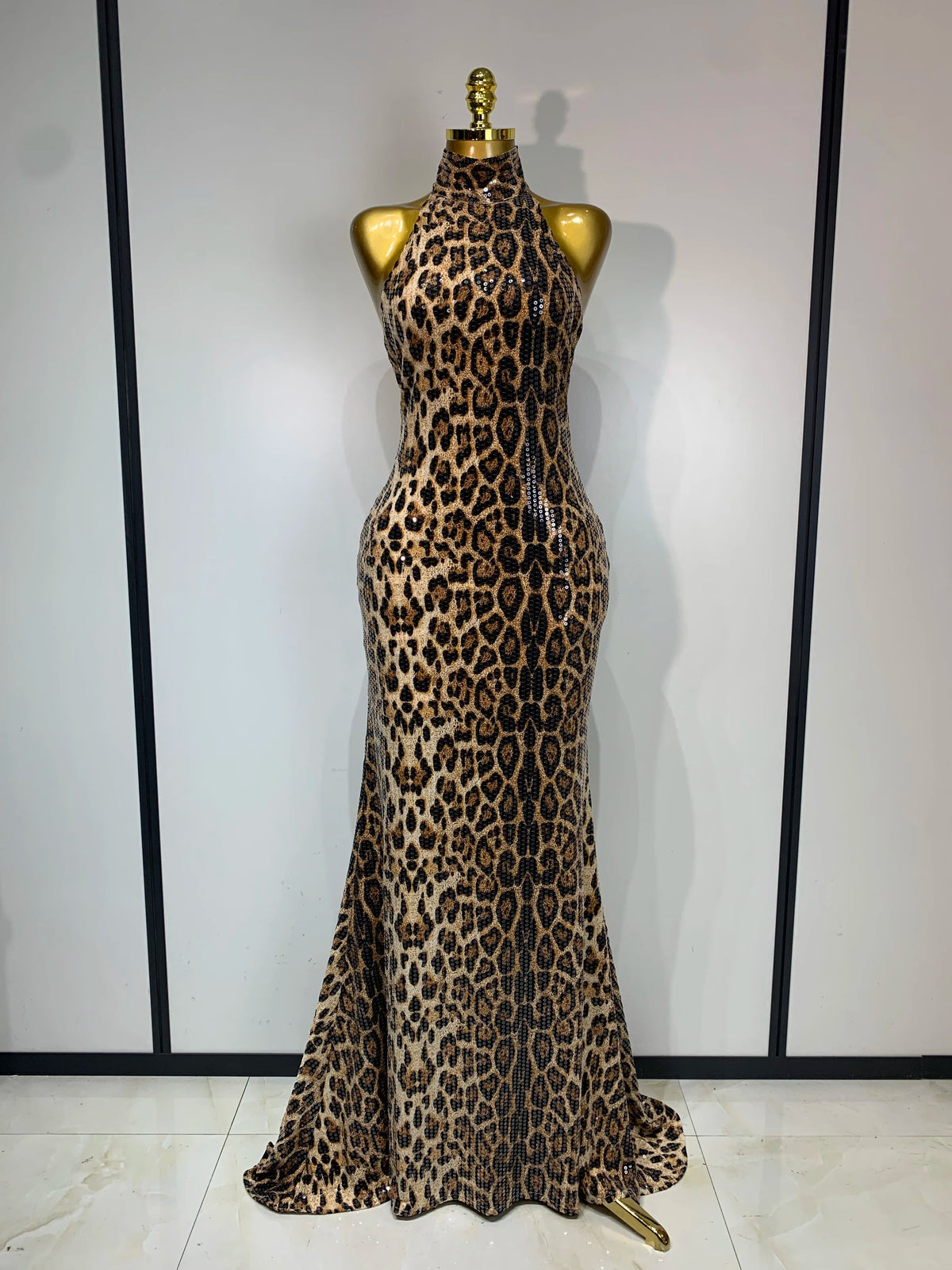 Women Sexy Sleeveless Halter Backless Leopard Sequin Mermaid Maxi Long Dress Bodycon Evening Party Celebrity Elegant Dress