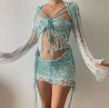 Glitter Sequins Knitted Skirt Sets Women 3 Piece Outfit Vacation Festival Clothing Sheer Top and Mini Skirt Matching Sets