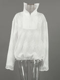 Minimalist Lace Women Jackets Stand Collar Long Sleeve Drawstring Loose Jacket for Street Daily Wear Autumn Fashion