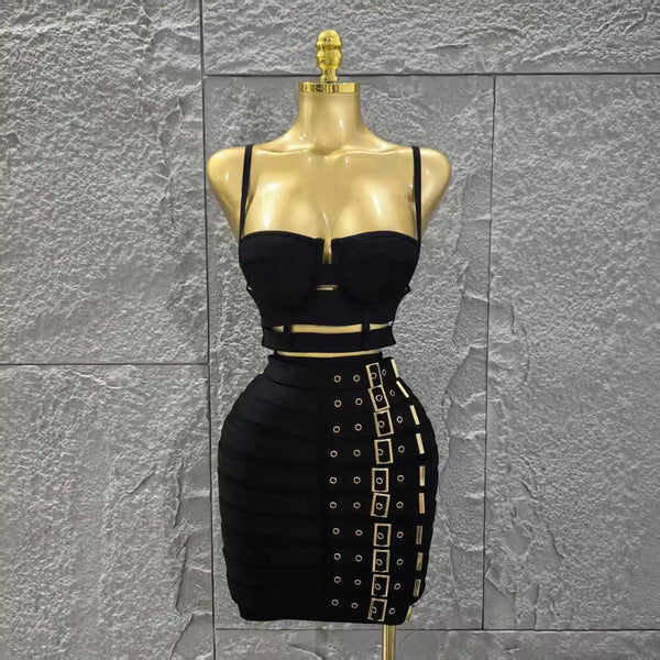 Black Color Women Sleeveless Sexy Strap 2 Pieces Bodycon Mini Bandage Dress Nightclub Party Birthday Fashion Outfit Vestido