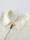 Apricot Jacquard Drawstring for Women Jackets Lapel Bubble Long Sleeve Peplum Hem Zip Up Jacket for Summer Casual