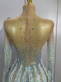 Sexy Sparkly Rhinestone Tassel Long Sleeves Mesh See Through Mini Dress 2026 Women Latin Dance Nightclub Party Club Stage Wear