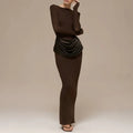 Elegant Style Pencil Dresses for Women O Neck Shoulder Pud Long Sleeve High Waist Pleated Slim Maxi Dress Female