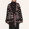 Women's Shawl Collar Fringe Knitted Cardigan Self Fabric Belt Waist Ethnic Print Loose Long Sleeve Mid Length Coat Autumn Casual