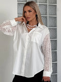 Office Spliced Back Sheer Hollow Blouse for Women Lapel Long Sleeve Patchwork Single Breasted Shirt Female 2026 New