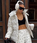 Women Floral Print Hooded Puffer Snow Suit Two Piece Outfit Thick Warm Winter Windproof Ski Jacket Wide Leg Pants Set Outdoor
